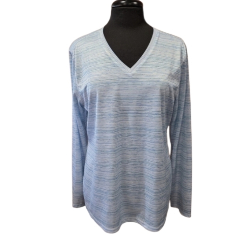Cabincore Reel Legends XL Freeline Striped Blue White V-Neck Outdoor Tee Fishing